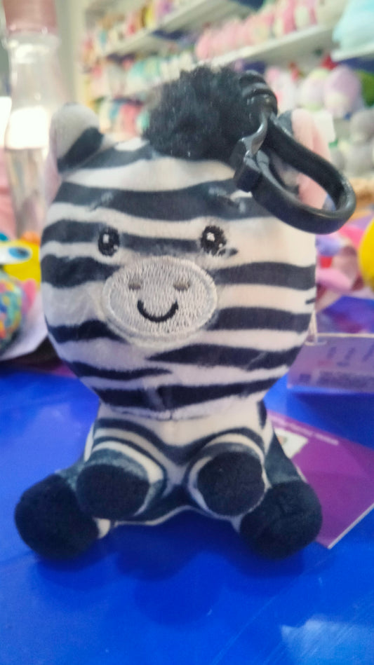 Squishimi Zoo Series black and white striped zebra plushie keychain.