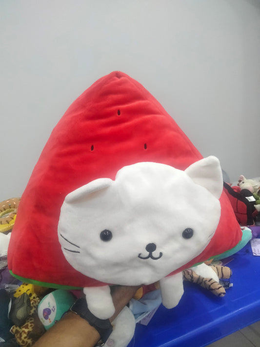 This is a San-X Nyan Nyan Nyanko plush toy featuring a white cat inside a watermelon slice