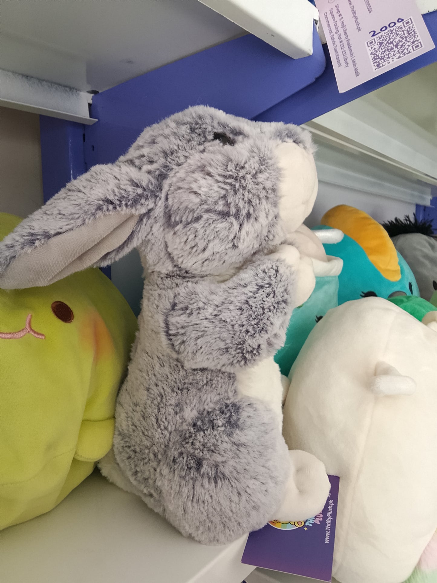 Grey bunny rabbit plush toy.