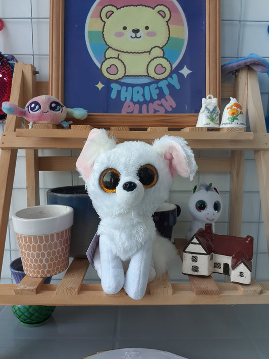 Ty Beanie Boo Named Phoenix, A White Fennec Fox With Large, Sparkly Golden Eyes And Pink 