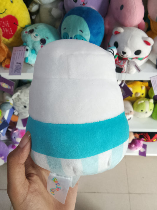 Squishmallows Food Squad Melly the Milk Carton plush toy blue and white striped design.