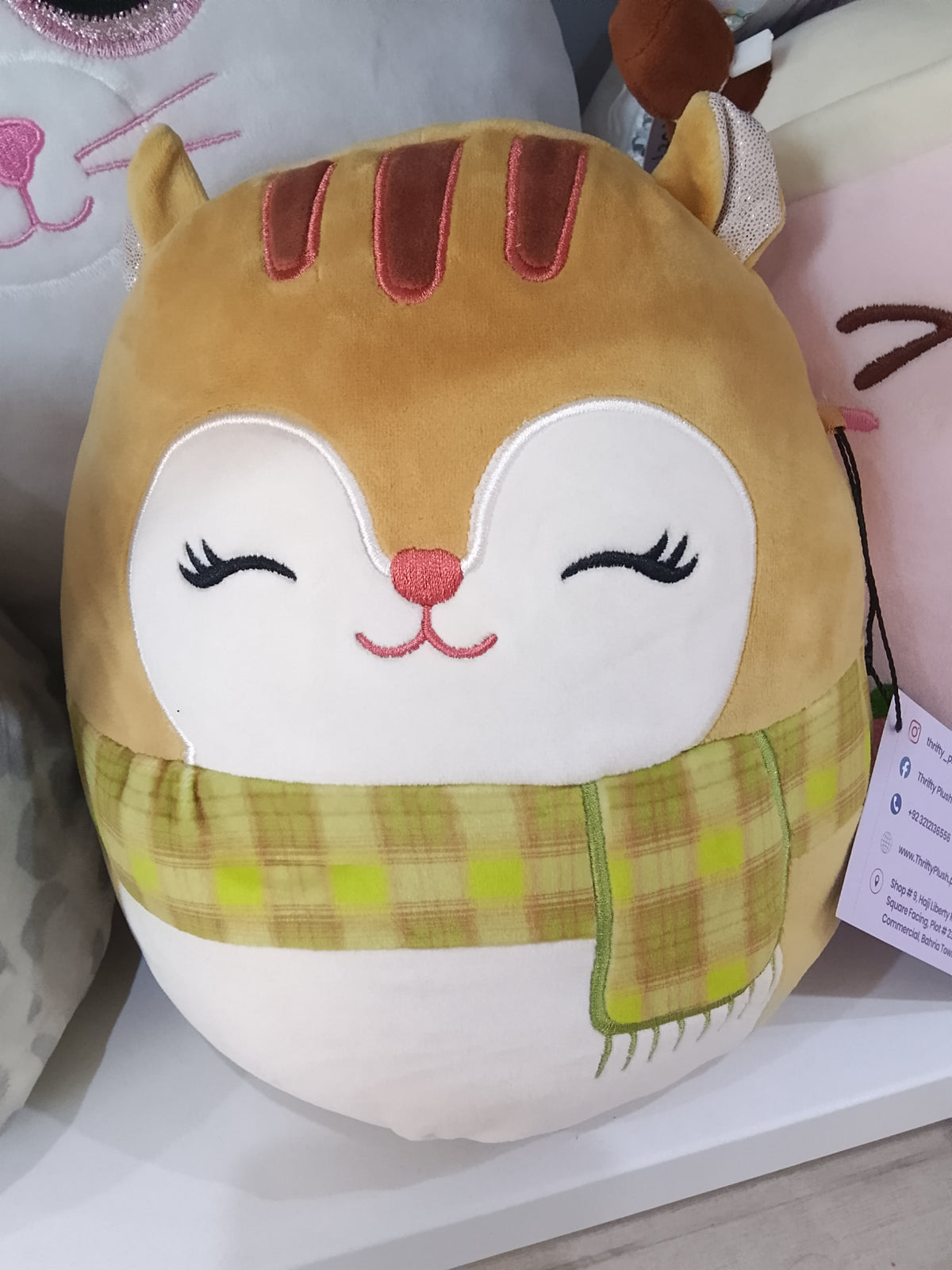 Squishmallows plush toy of Erin the Squirrel wearing a plaid scarf.