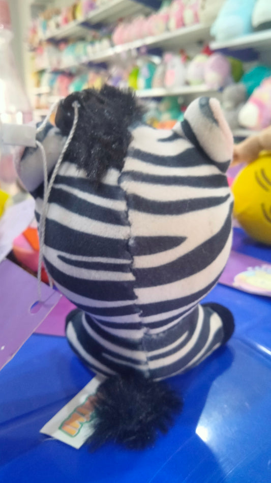 Squishimi Zoo Series black and white striped zebra plushie keychain.